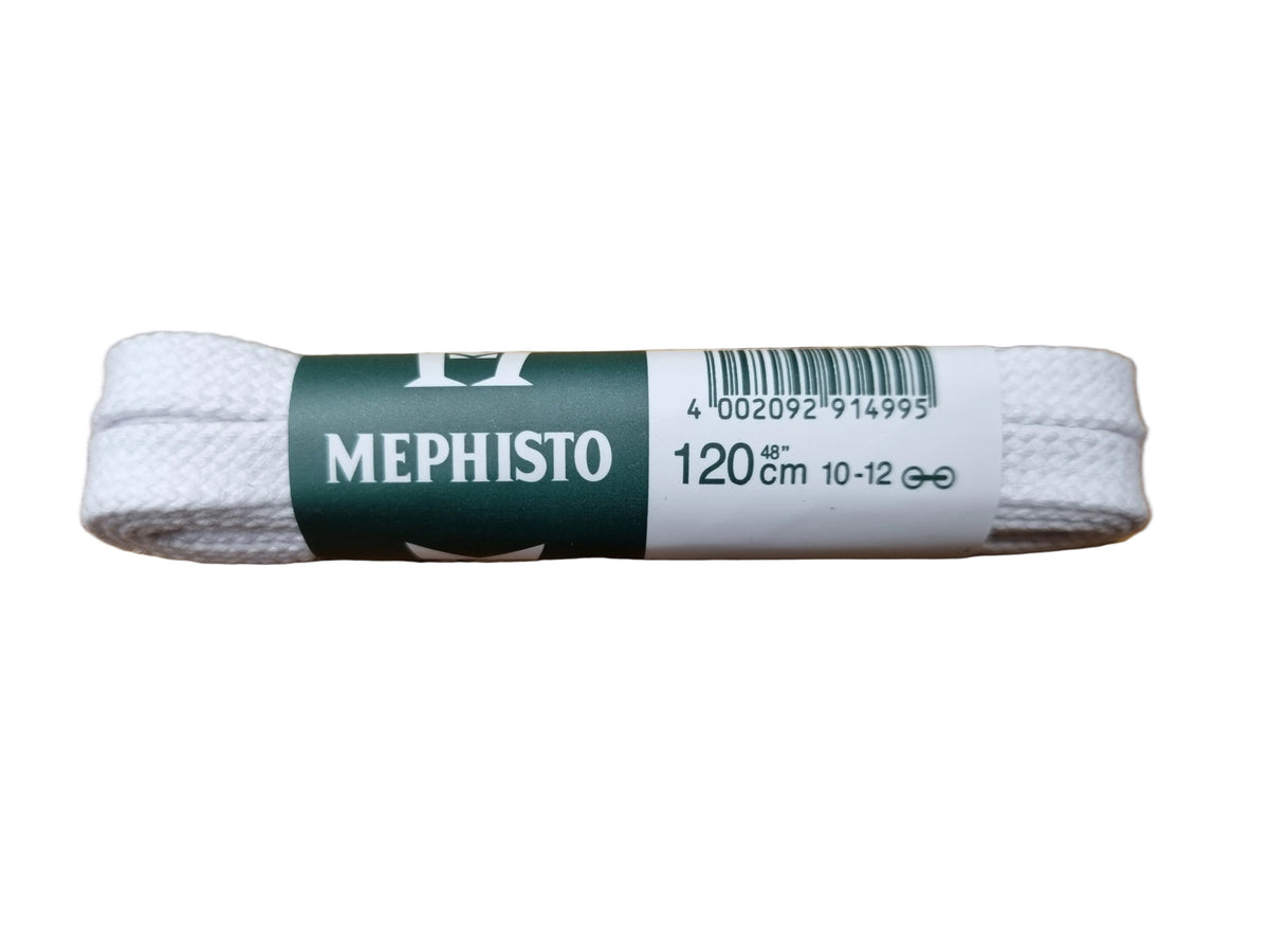 A pair of white shoelaces with a dark green and white paper label that reads 'MEPHISTO 120cm', placed on a wooden surface.