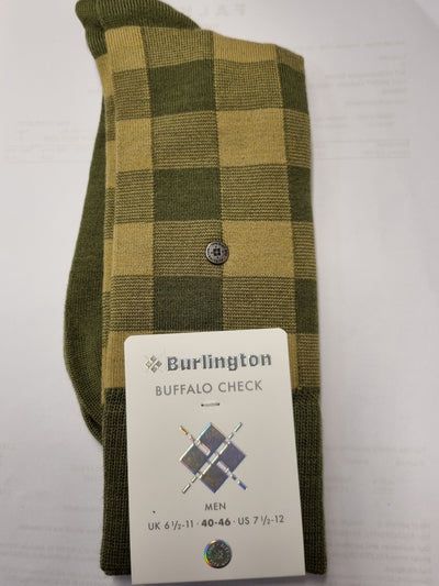 A folded pair of Burlington Buffalo Check dress socks in olive green and tan, with a white paper tag attached showing the brand and size information.