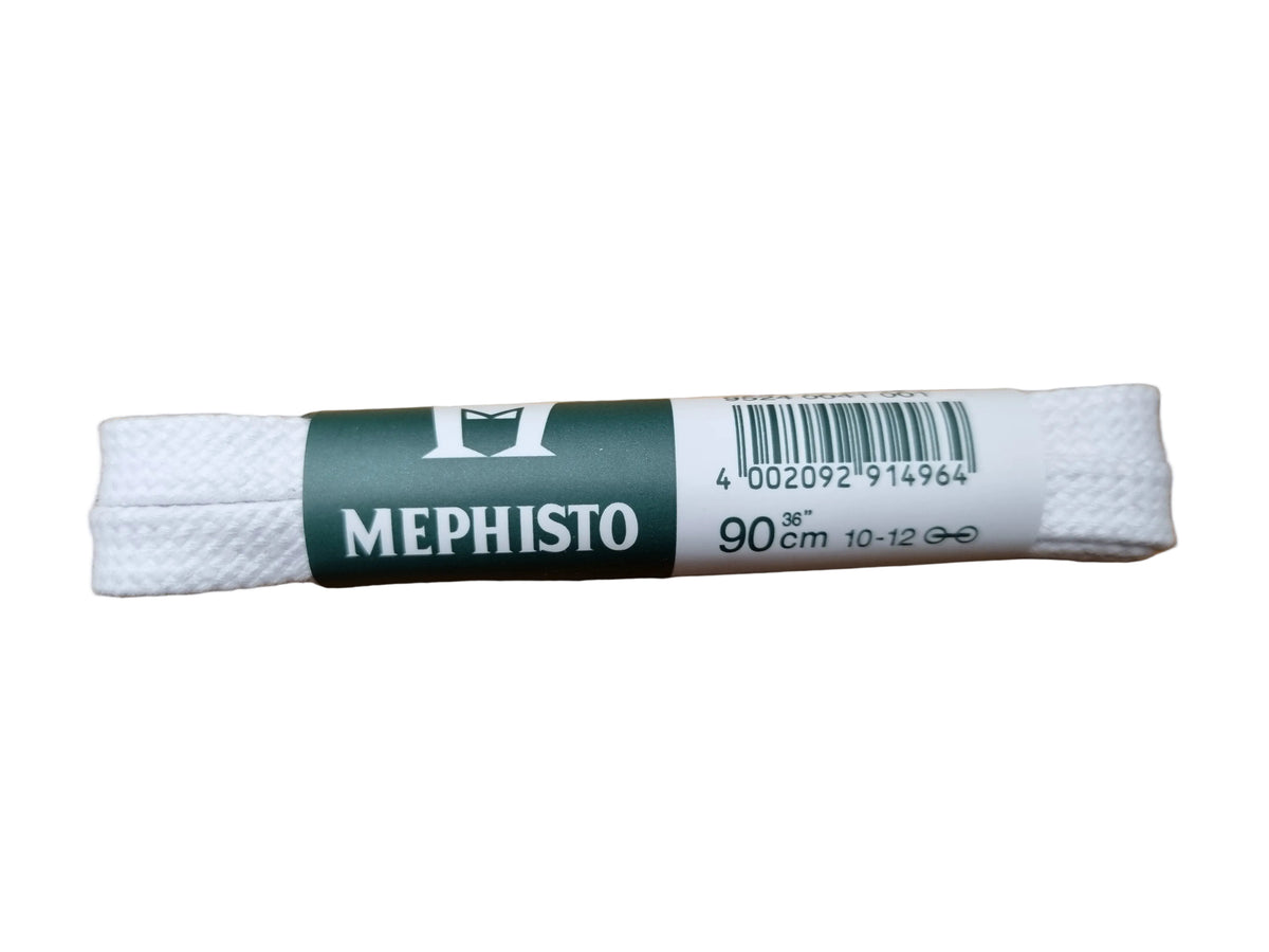 A 90 cm roll of white shoelaces with a dark green and white paper label reading 'MEPHISTO' on a wooden surface.