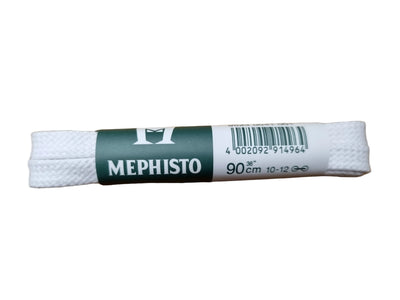 A 90 cm roll of white shoelaces with a dark green and white paper label reading 'MEPHISTO' on a wooden surface.