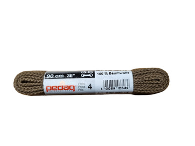 A 90 cm spool of Pezag 38th double ply brown rubber shoelace, wrapped in a white paper label, lying on a wooden surface.