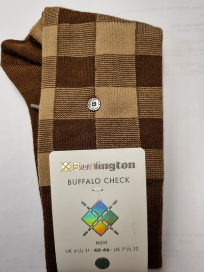 A folded brown and tan buffalo check necktie with its paper tag attached, photographed on a white background.