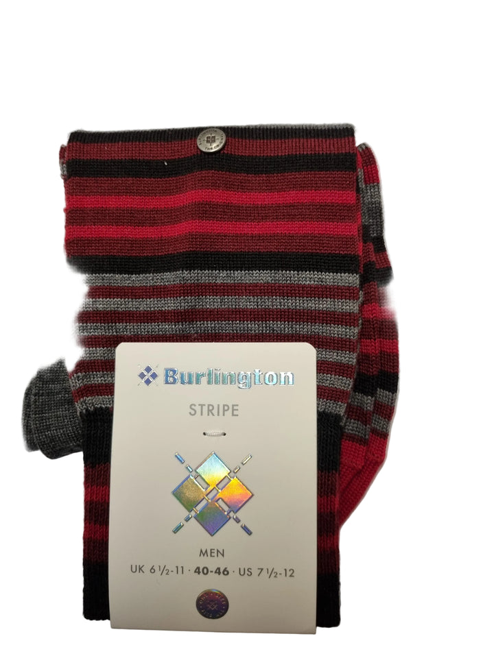 A pair of men's striped socks with red, black, and gray horizontal stripes, featuring a white paper tag attached that reads 'Burlington STRIPE' and shows size information for men.