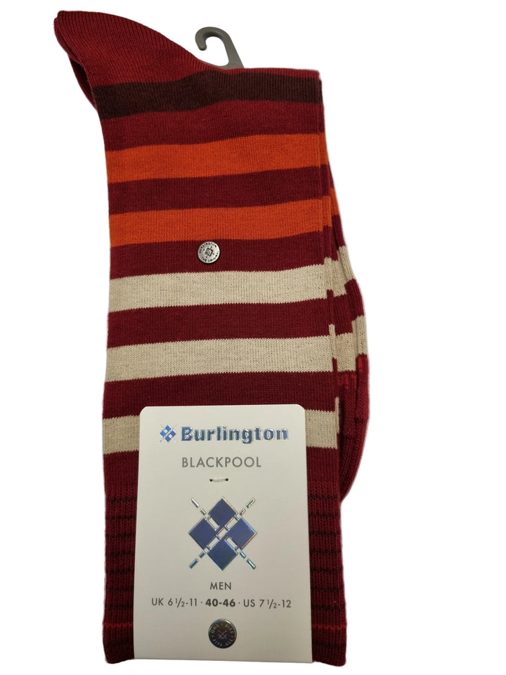 A single striped golf sock with burgundy, orange, and cream horizontal bands, featuring a silver metal button and a white Burlington Blackpool brand tag.