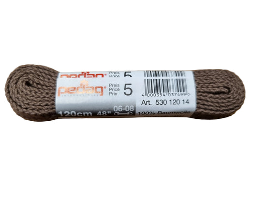 A spool of brown Perigot Perinag embroidery thread, size 5, resting on a wooden surface. The white paper label features the Perigot brand name and a barcode.